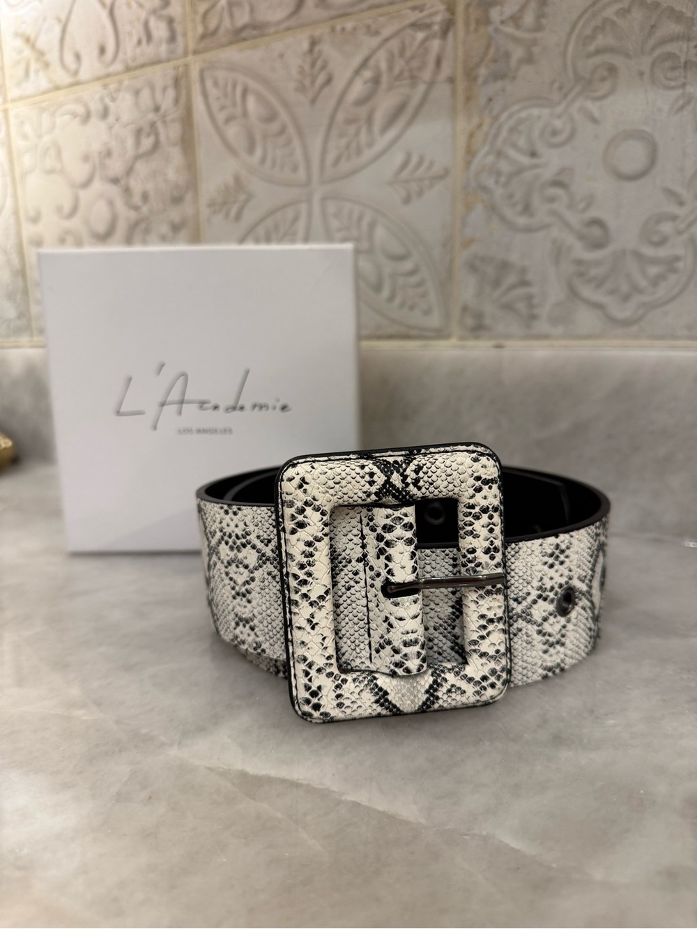 L’Academie Snake Print Wide Statement Belt w/ Covered Buckle & Grommets